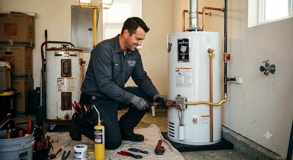 Plumber installing water heater